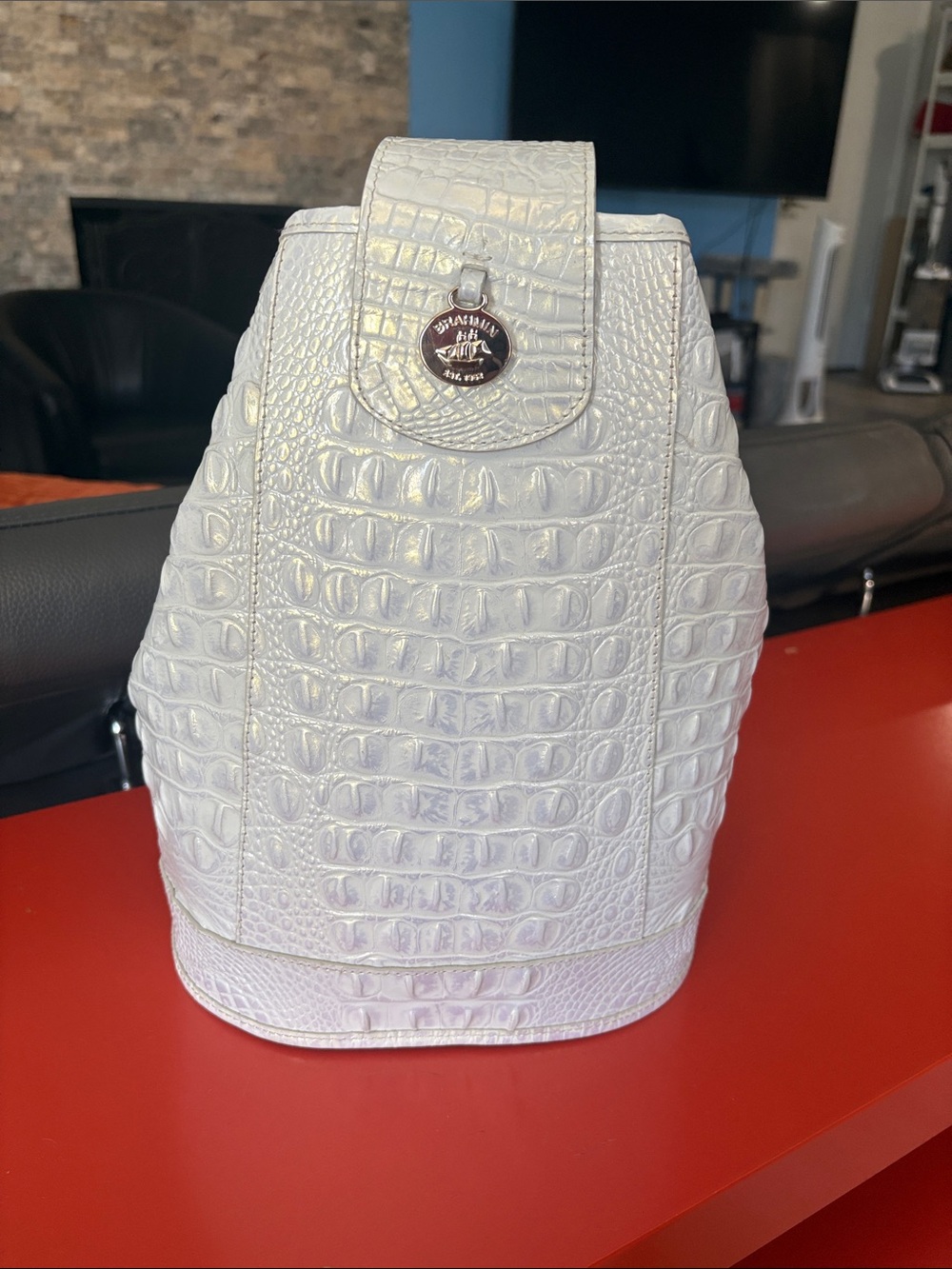 Brahmin White Croc-Embossed Leather Backpack with Logo Medallion